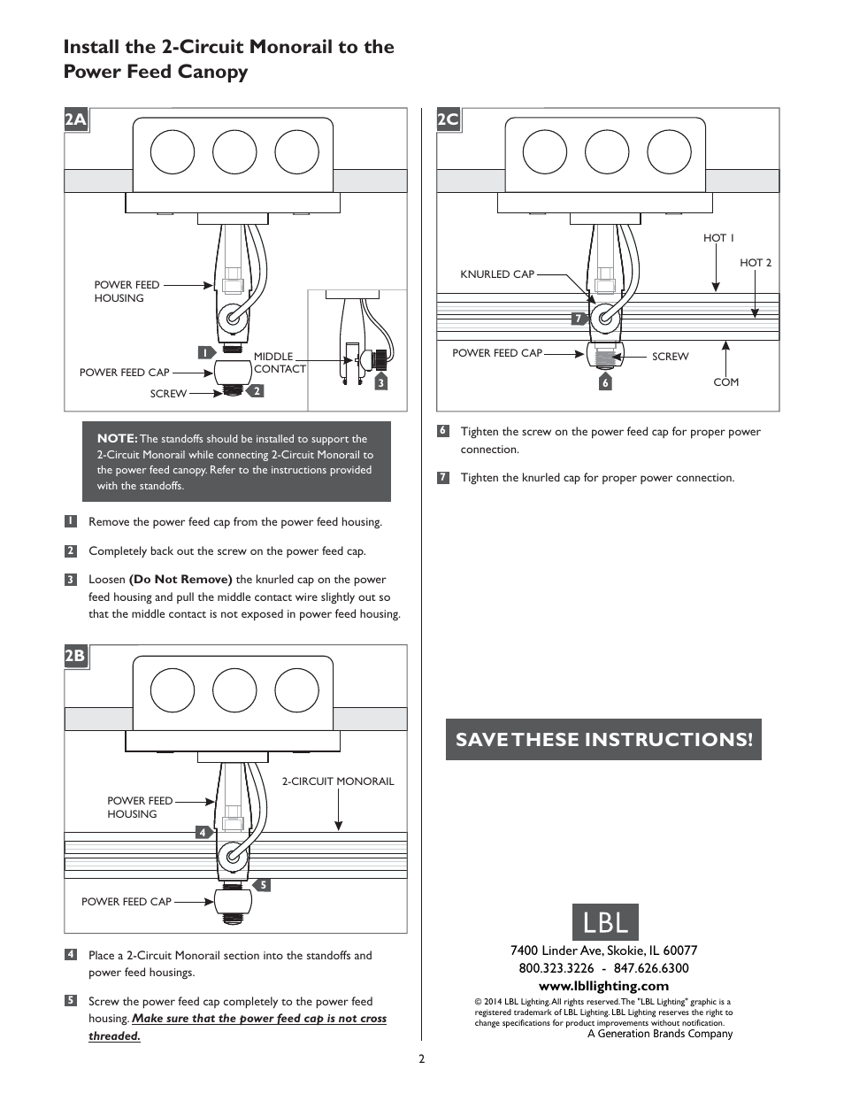 Save these instructions, 1a 2a, 1a 2b | 1a 2c | LBL Lighting 2-Circuit MO Direct Feed Canopy User Manual | Page 2 / 2