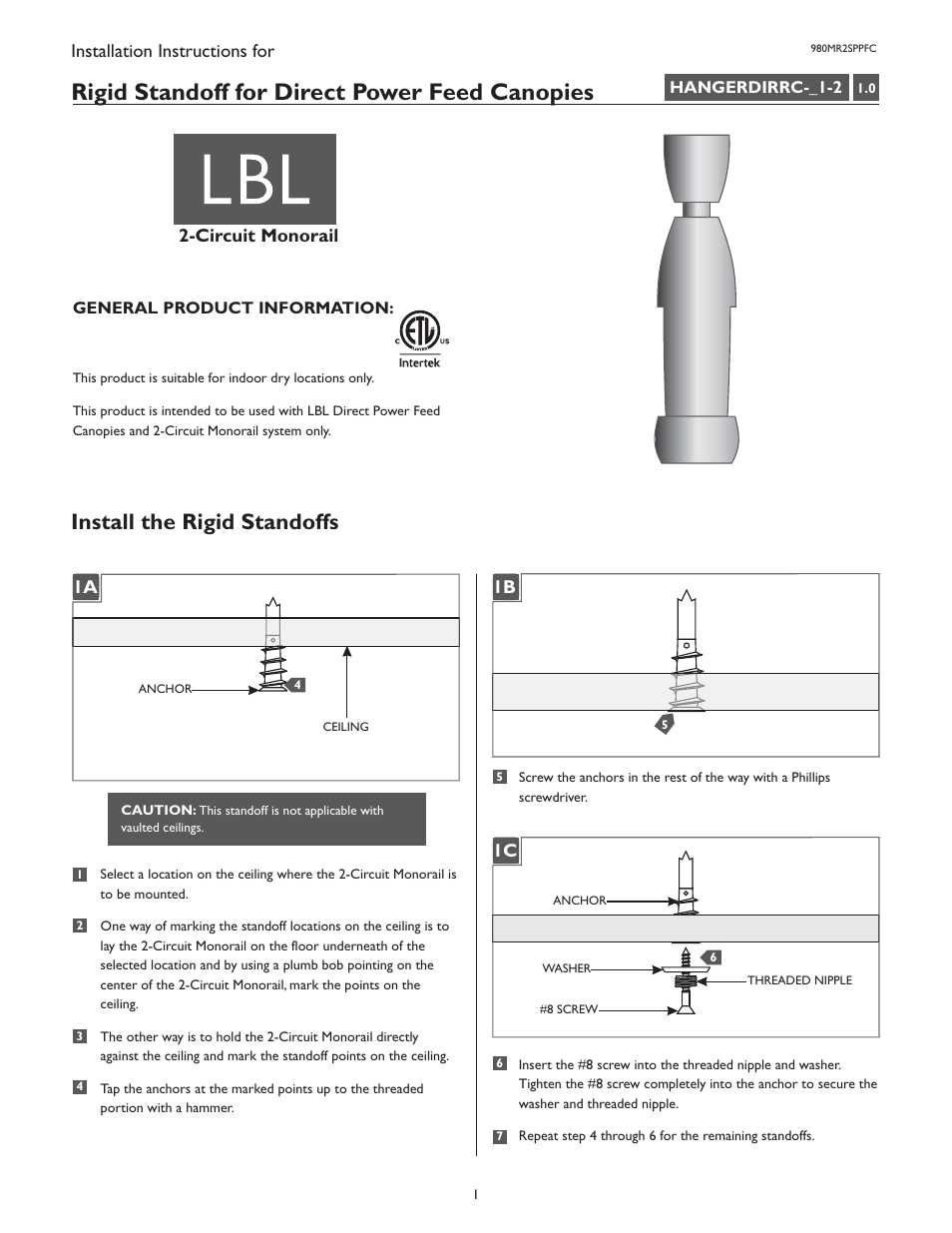 LBL Lighting 2-Circuit MO Direct Feed Standoff for Canopy User Manual | 2 pages