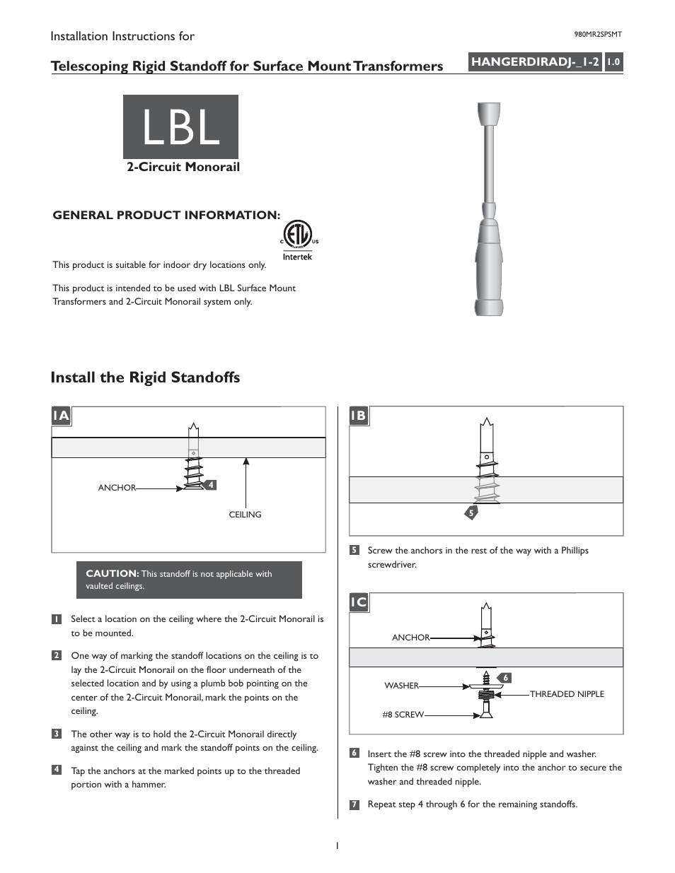 LBL Lighting 2-Circuit MO Direct Feed Standoff for Surf Xfmr User Manual | 4 pages