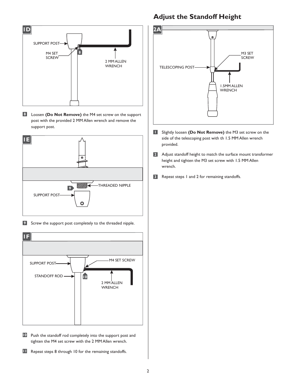 Adjust the standoff height, 1a 1d, 1a 1e 1a 1f | 1a 2a | LBL Lighting 2-Circuit MO Direct Feed Standoff for Surf Xfmr User Manual | Page 2 / 4