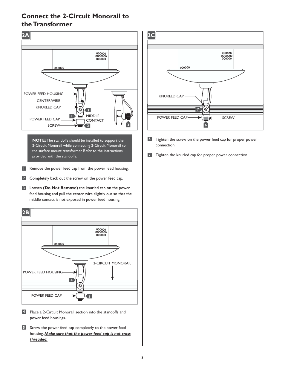 Connect the 2-circuit monorail to the transformer, 1a 2a 1a 2b, 1a 2c | LBL Lighting 2-Circuit MO Surf Elec Xfmr 300w 120v/12v User Manual | Page 3 / 4
