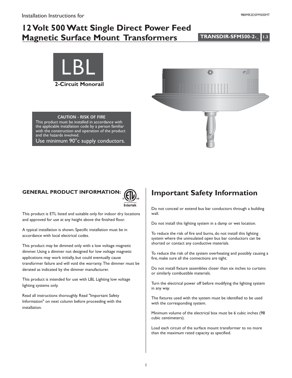 LBL Lighting 2-Circuit MO Direct Feed Surf Xfmr Mag 500w 120v/12v User Manual | 4 pages