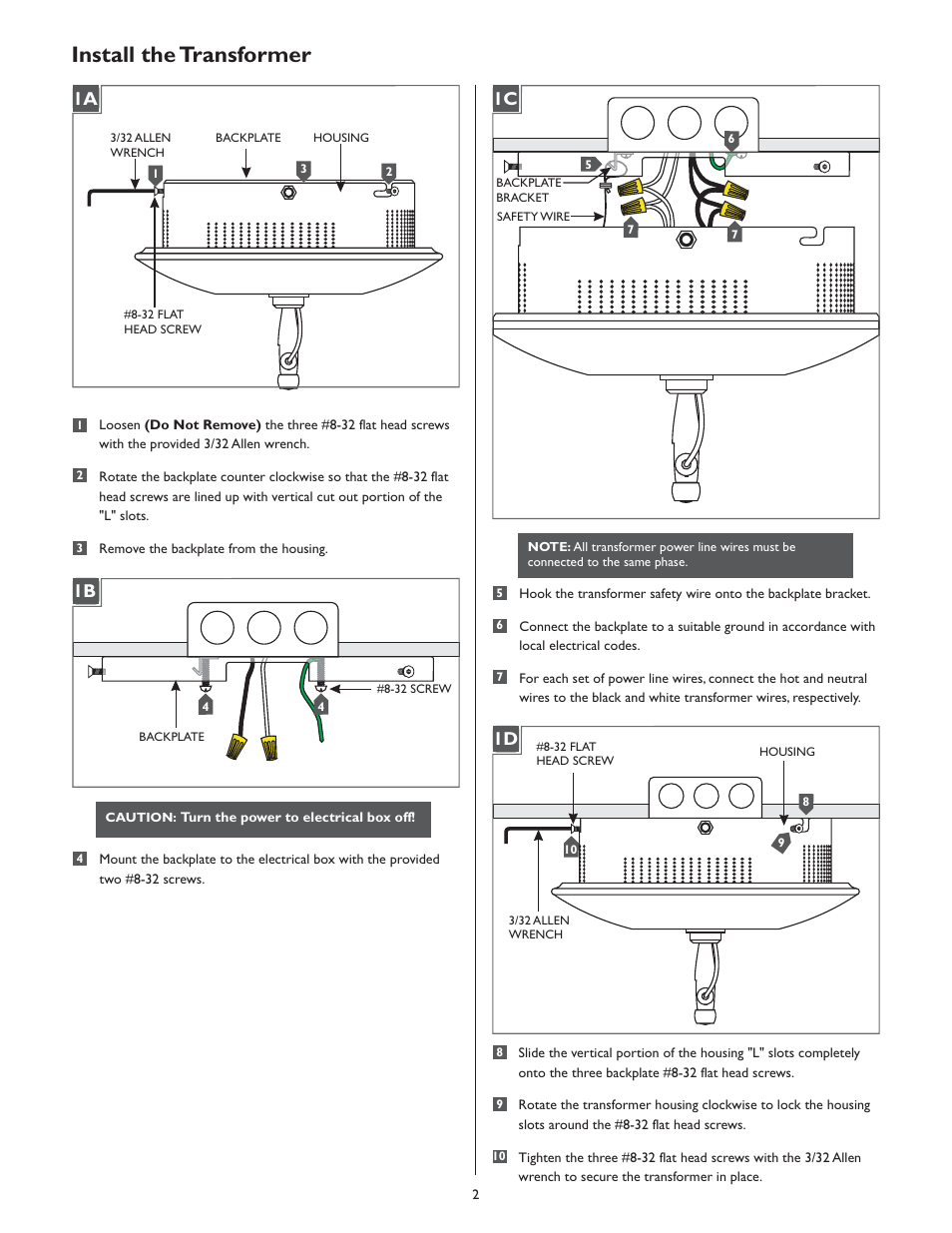 Install the transformer, 1a 1b, 1a 1c 1a 1d | LBL Lighting 2-Circuit MO Direct Feed Surf Xfmr Mag 500w 120v/12v User Manual | Page 2 / 4