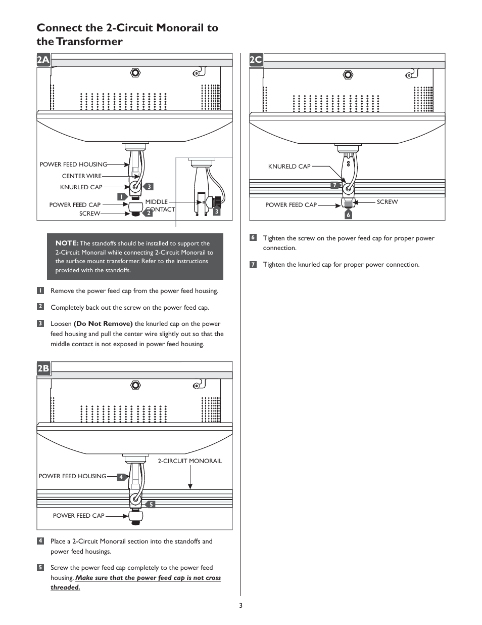 Connect the 2-circuit monorail to the transformer, 1a 2a 1a 2b, 1a 2c | LBL Lighting 2-Circuit MO Direct Feed Surf Xfmr Mag 500w 120v/12v User Manual | Page 3 / 4