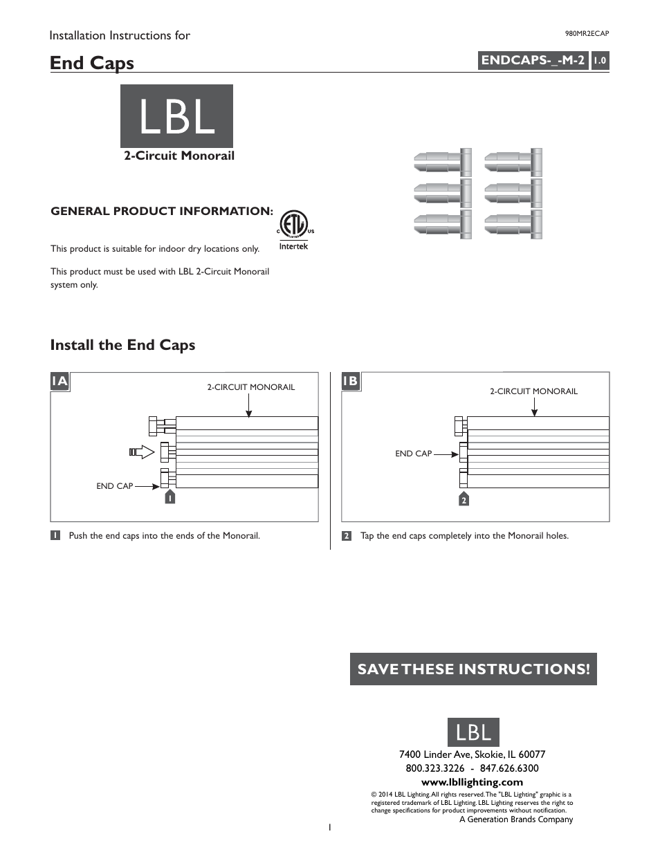 LBL Lighting 2-Circuit MO End Caps User Manual | 1 page