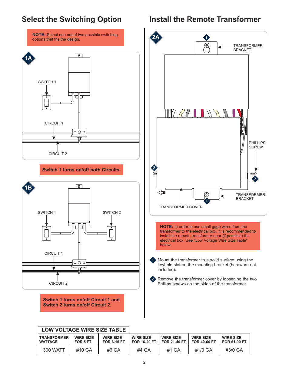 Select the switching option, Install the remote transformer, Low voltage wire size table | LBL Lighting 2-Circuit MO Rmt Mag Xfmr 600w 277v/12v User Manual | Page 2 / 4