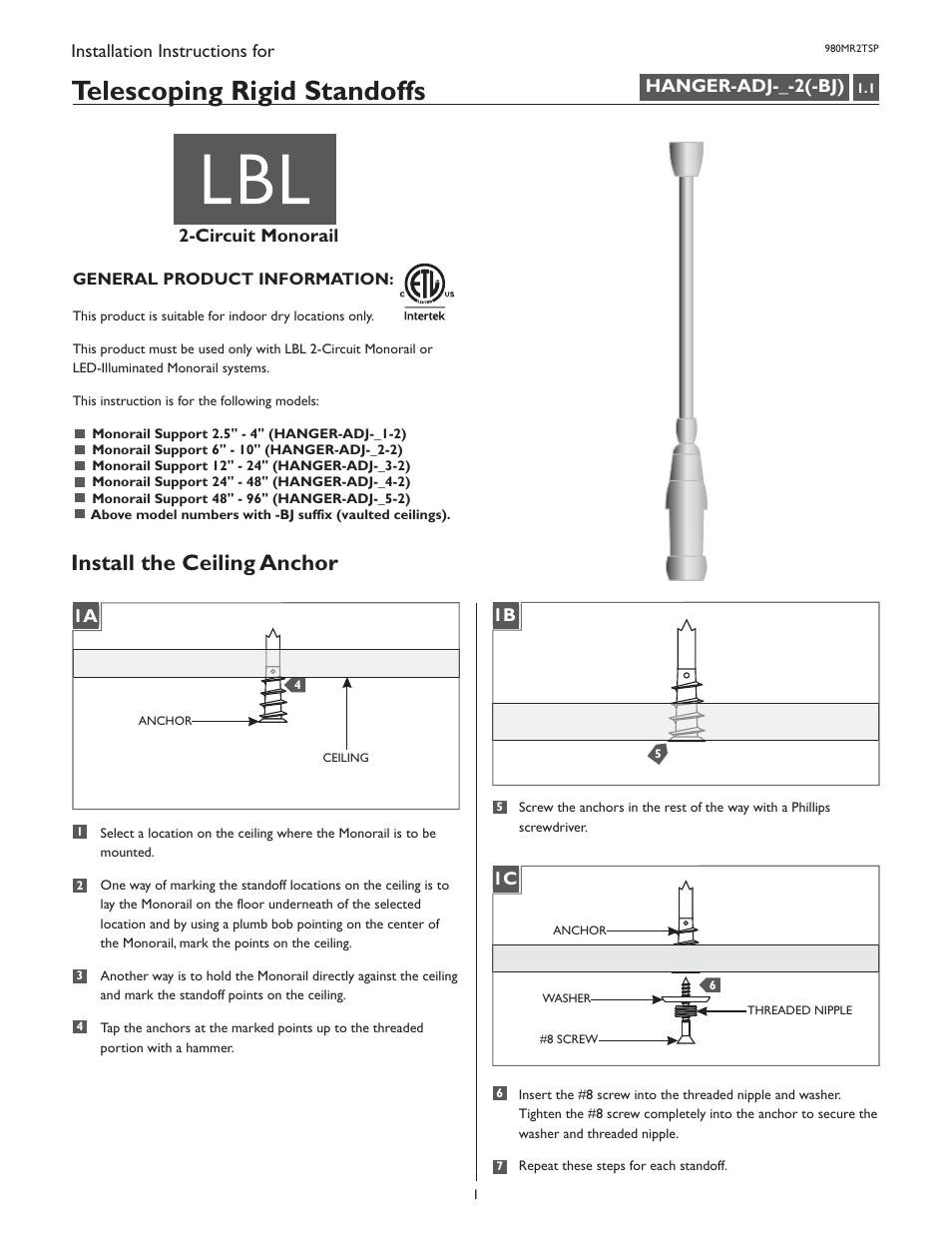 LBL Lighting 2-Circuit MO Rigid Standoff User Manual | 4 pages