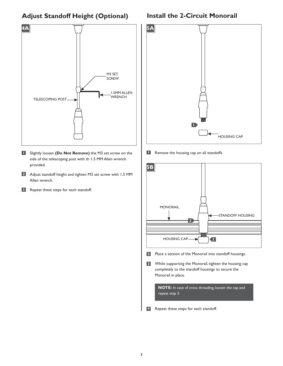 Install the 2-circuit monorail, Adjust standoff height (optional), 4a 1a | 5a 1a 5b | LBL Lighting 2-Circuit MO Rigid Standoff User Manual | Page 3 / 4