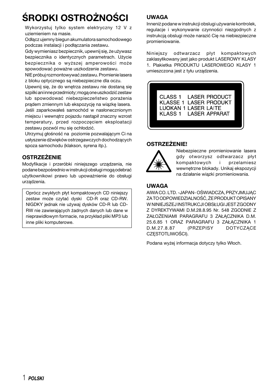 Środki ostrożności | Aiwa CDC-X227 YZ User Manual | Page 50 / 74