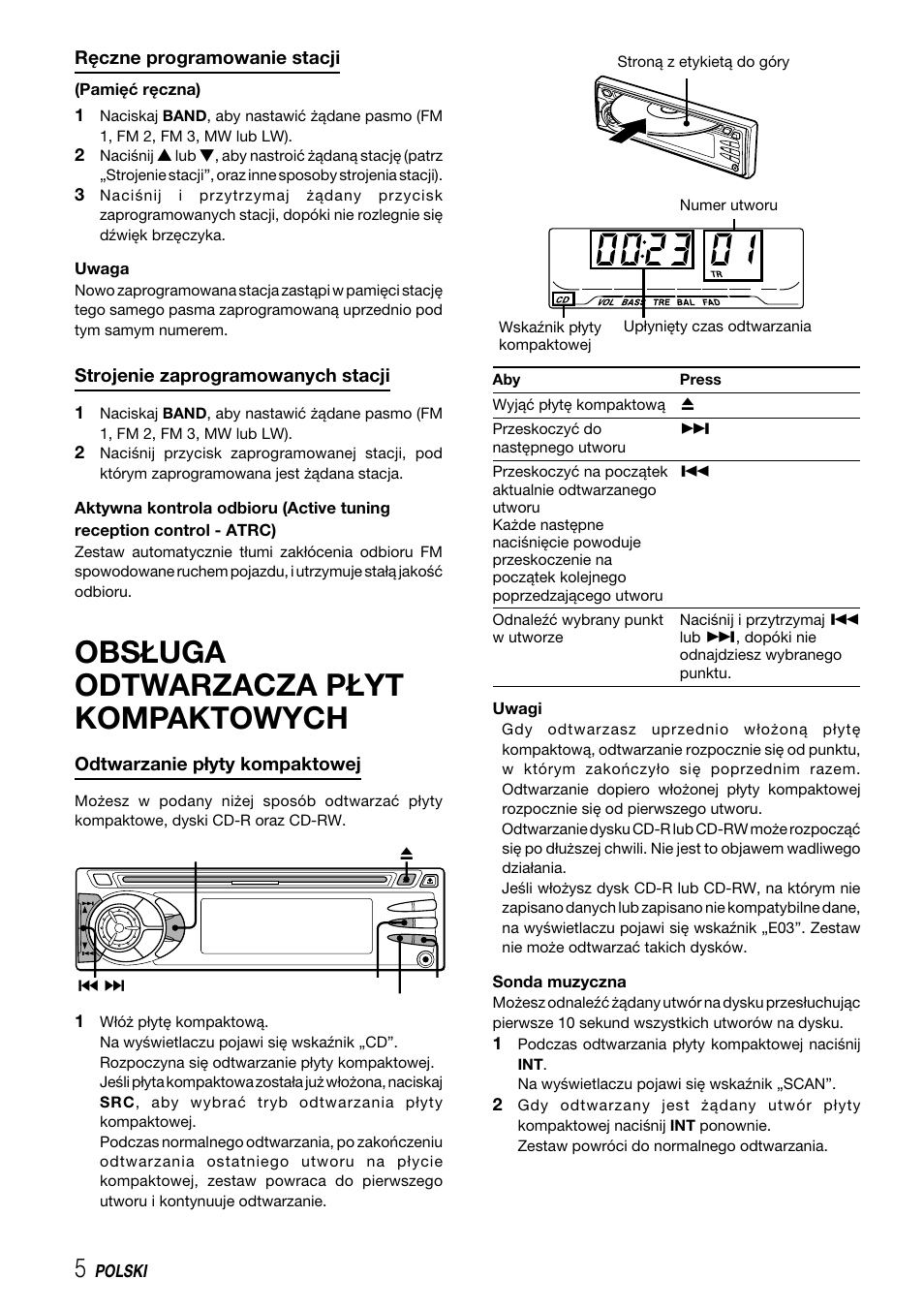 Obsługa odtwarzacza płyt kompaktowych | Aiwa CDC-X227 YZ User Manual | Page 54 / 74