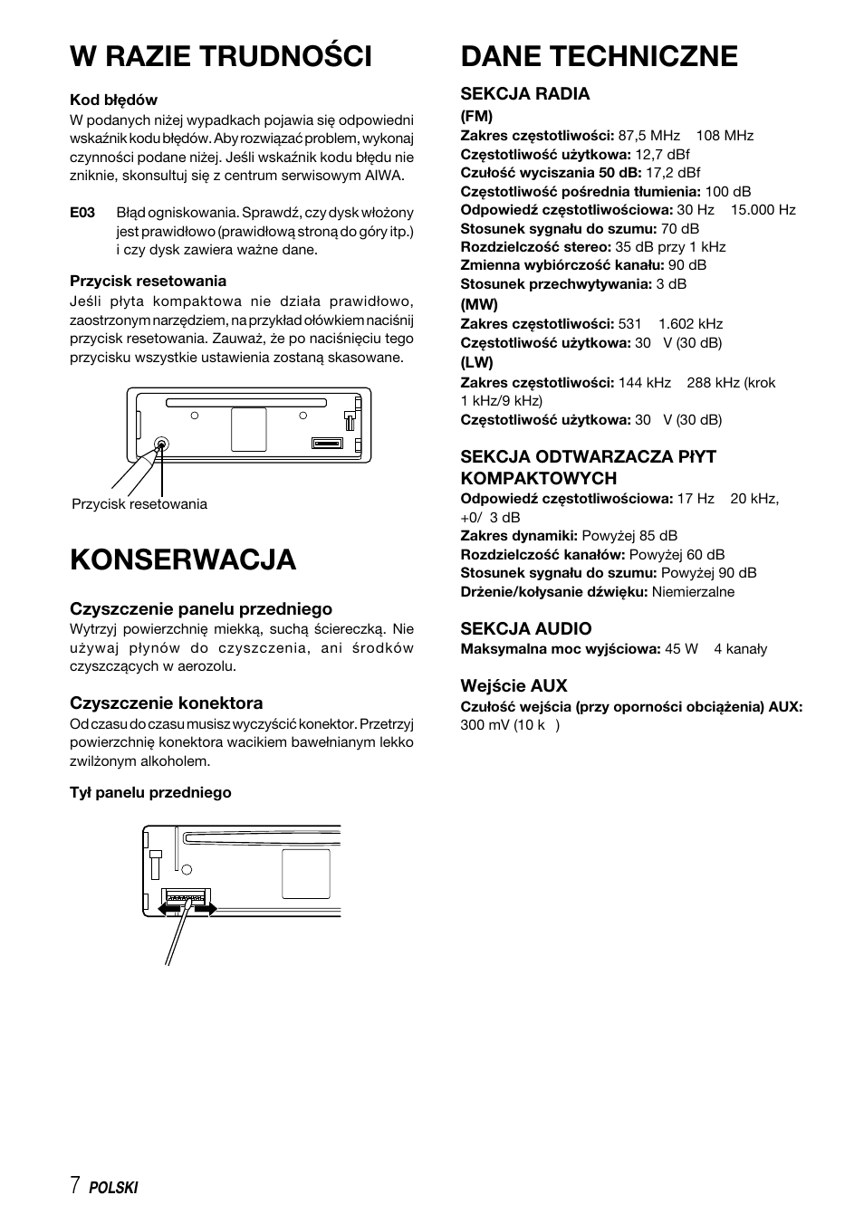 W razie trudności, Konserwacja, Dane techniczne | Aiwa CDC-X227 YZ User Manual | Page 56 / 74