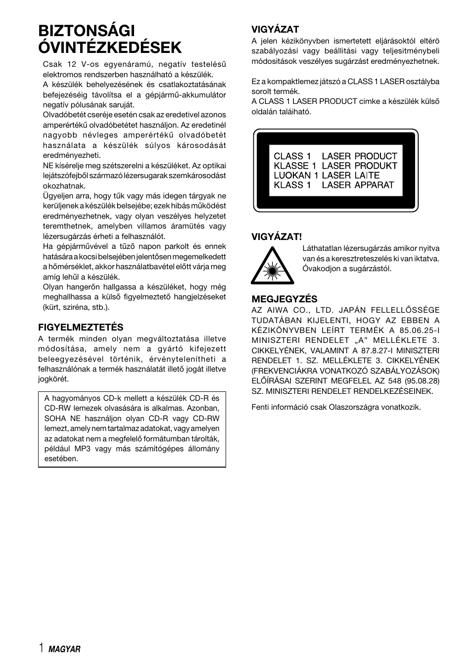 Biztonsági óvintézkedések | Aiwa CDC-X227 YZ User Manual | Page 58 / 74