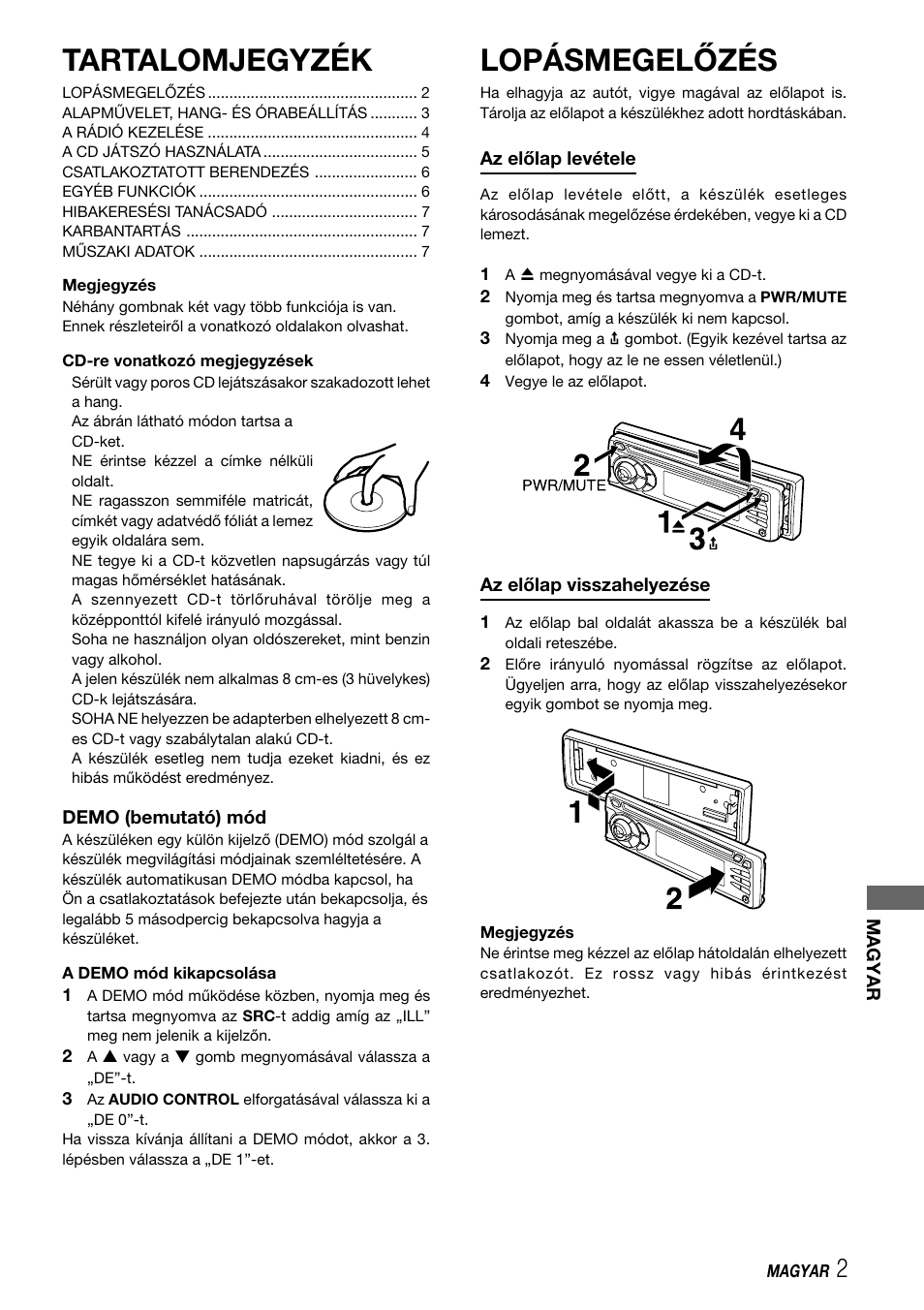 Tartalomjegyzék, Lopásmegelőzés | Aiwa CDC-X227 YZ User Manual | Page 59 / 74