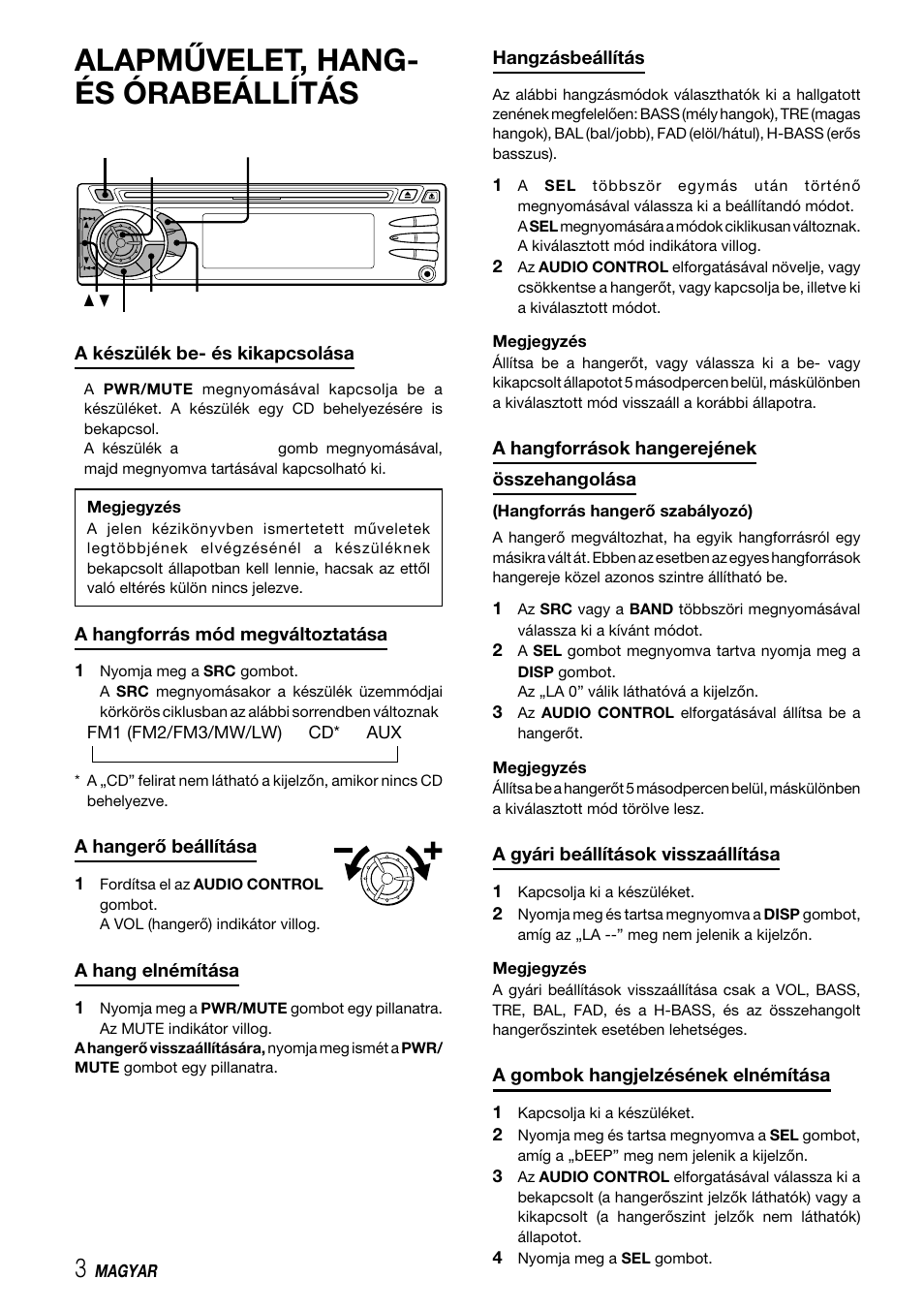 Alapművelet, hang- és órabeállítás | Aiwa CDC-X227 YZ User Manual | Page 60 / 74