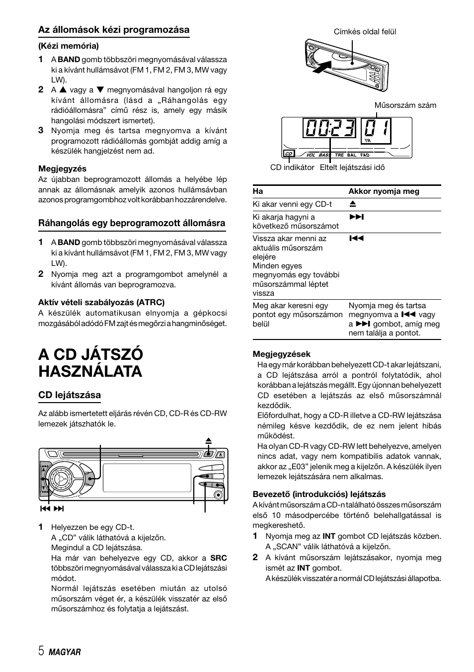 A cd játszó használata | Aiwa CDC-X227 YZ User Manual | Page 62 / 74