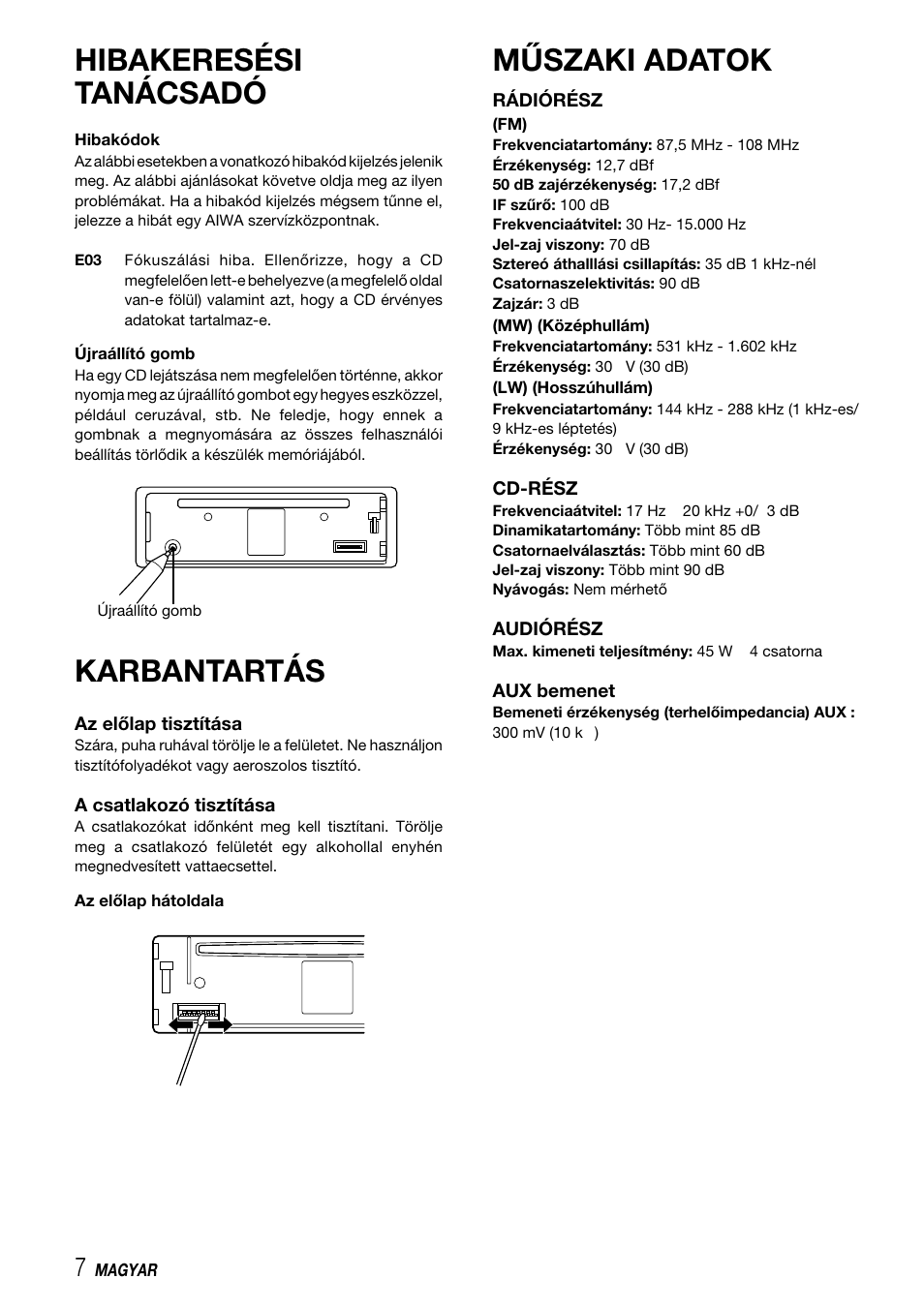 Hibakeresési tanácsadó, Karbantartás, Műszaki adatok | Aiwa CDC-X227 YZ User Manual | Page 64 / 74