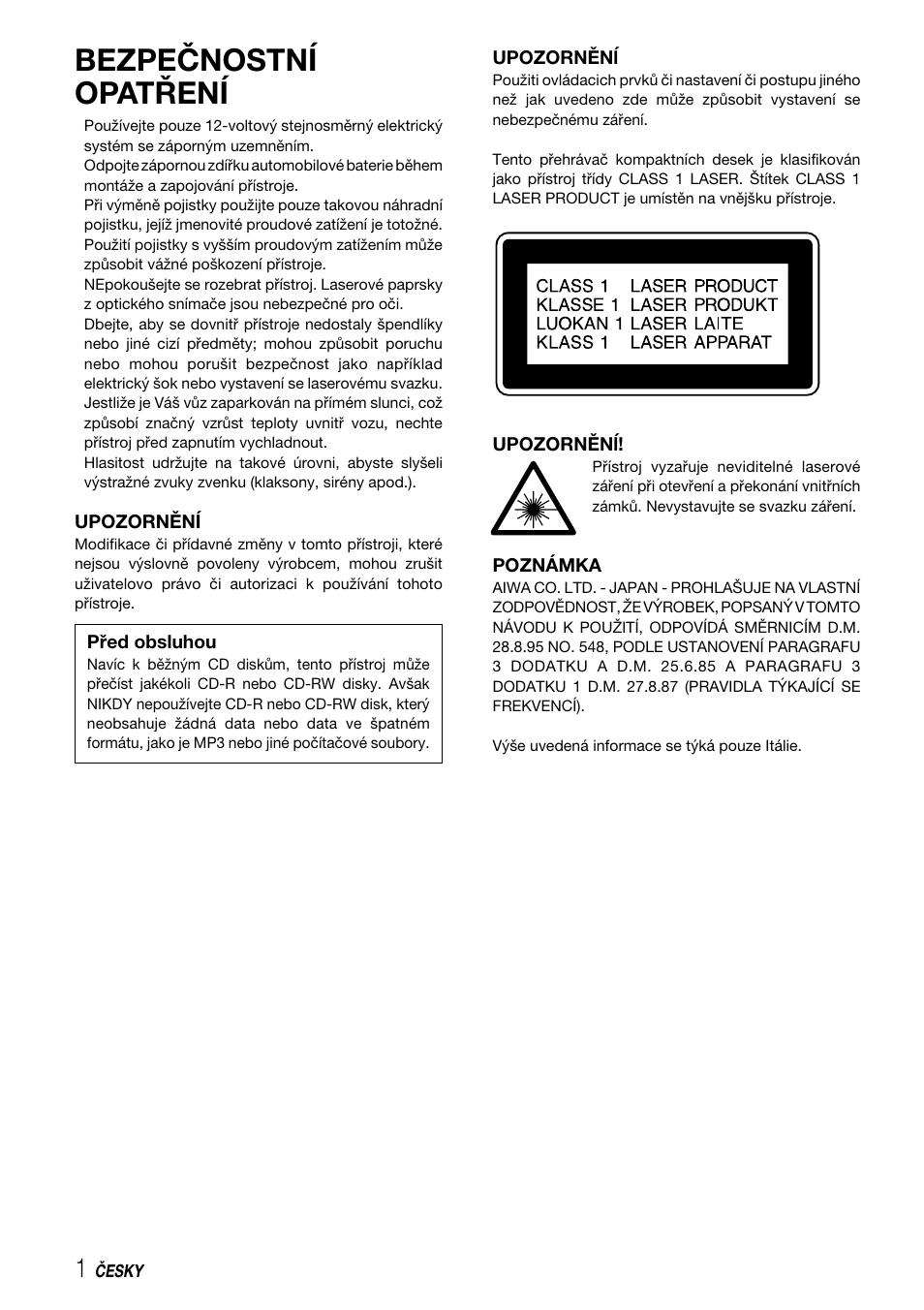 Bezpečnostní opatření | Aiwa CDC-X227 YZ User Manual | Page 66 / 74