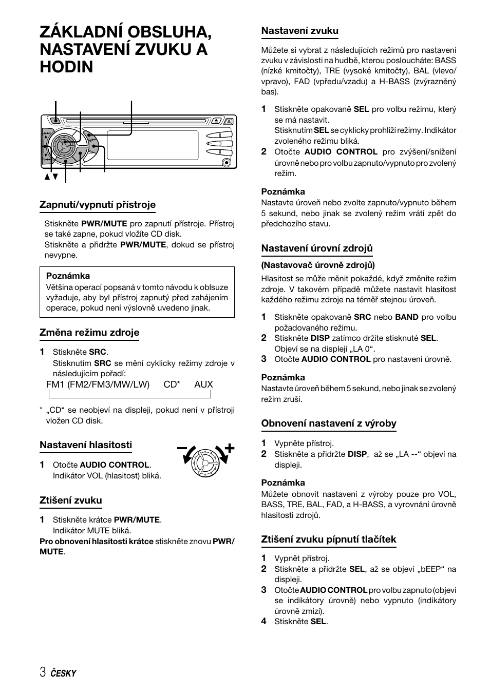 Základní obsluha, nastavení zvuku a hodin | Aiwa CDC-X227 YZ User Manual | Page 68 / 74