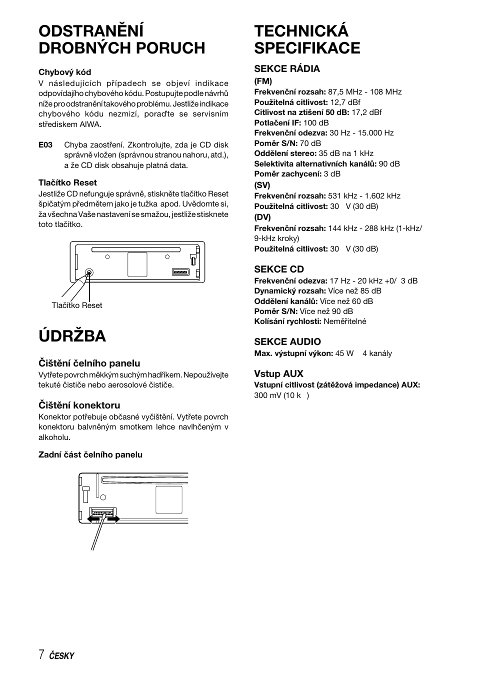 Odstranění drobných poruch, Údržba, Technická specifikace | Aiwa CDC-X227 YZ User Manual | Page 72 / 74