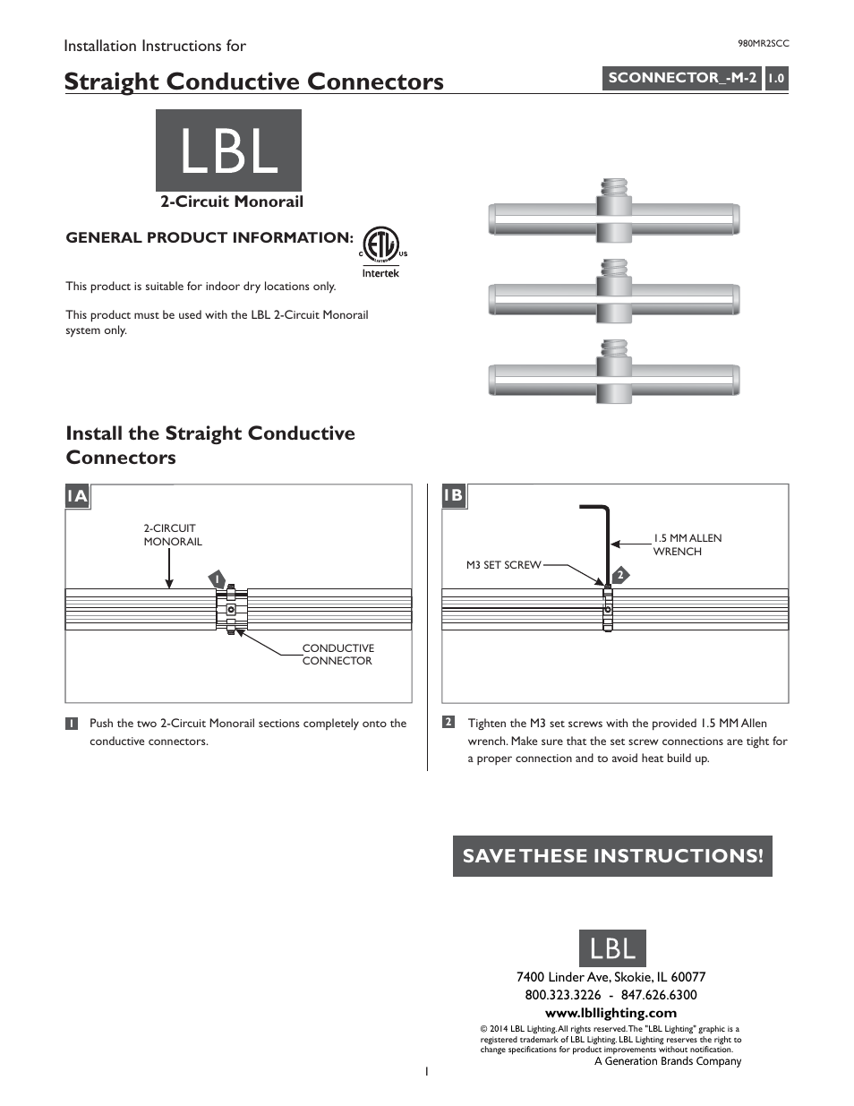 LBL Lighting 2-Circuit MO Straight Conductive Connectors User Manual | 1 page