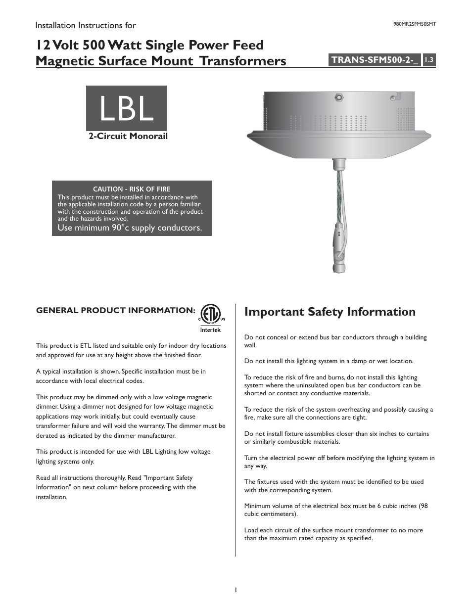 LBL Lighting 2-Circuit MO Surf Mag Xfmr 500w 120v/12v User Manual | 4 pages