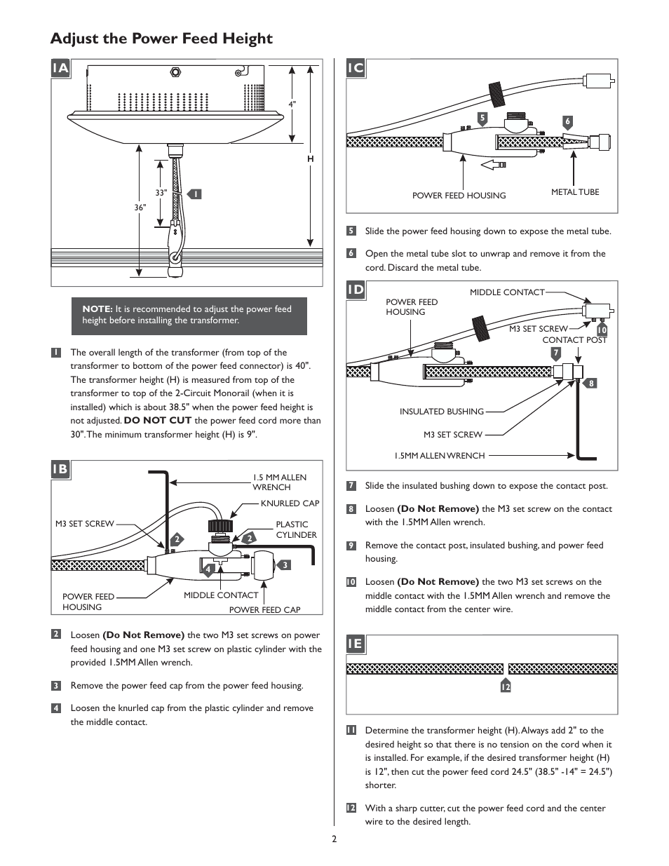 Adjust the power feed height, 1a 1b | LBL Lighting 2-Circuit MO Surf Mag Xfmr 500w 120v/12v User Manual | Page 2 / 4