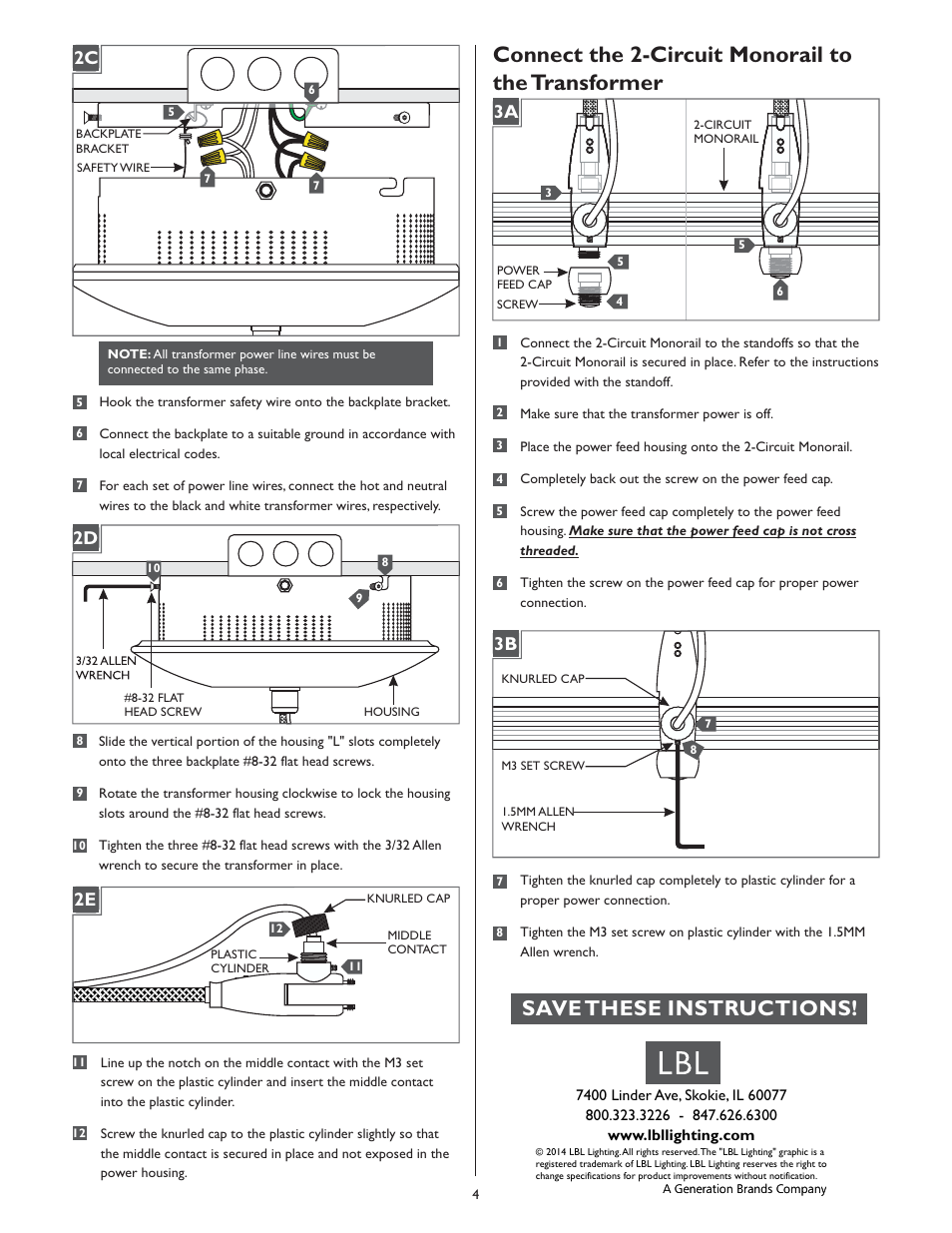 Connect the 2-circuit monorail to the transformer, Save these instructions, 1a 3a 1a 3b | LBL Lighting 2-Circuit MO Surf Mag Xfmr 500w 120v/12v User Manual | Page 4 / 4