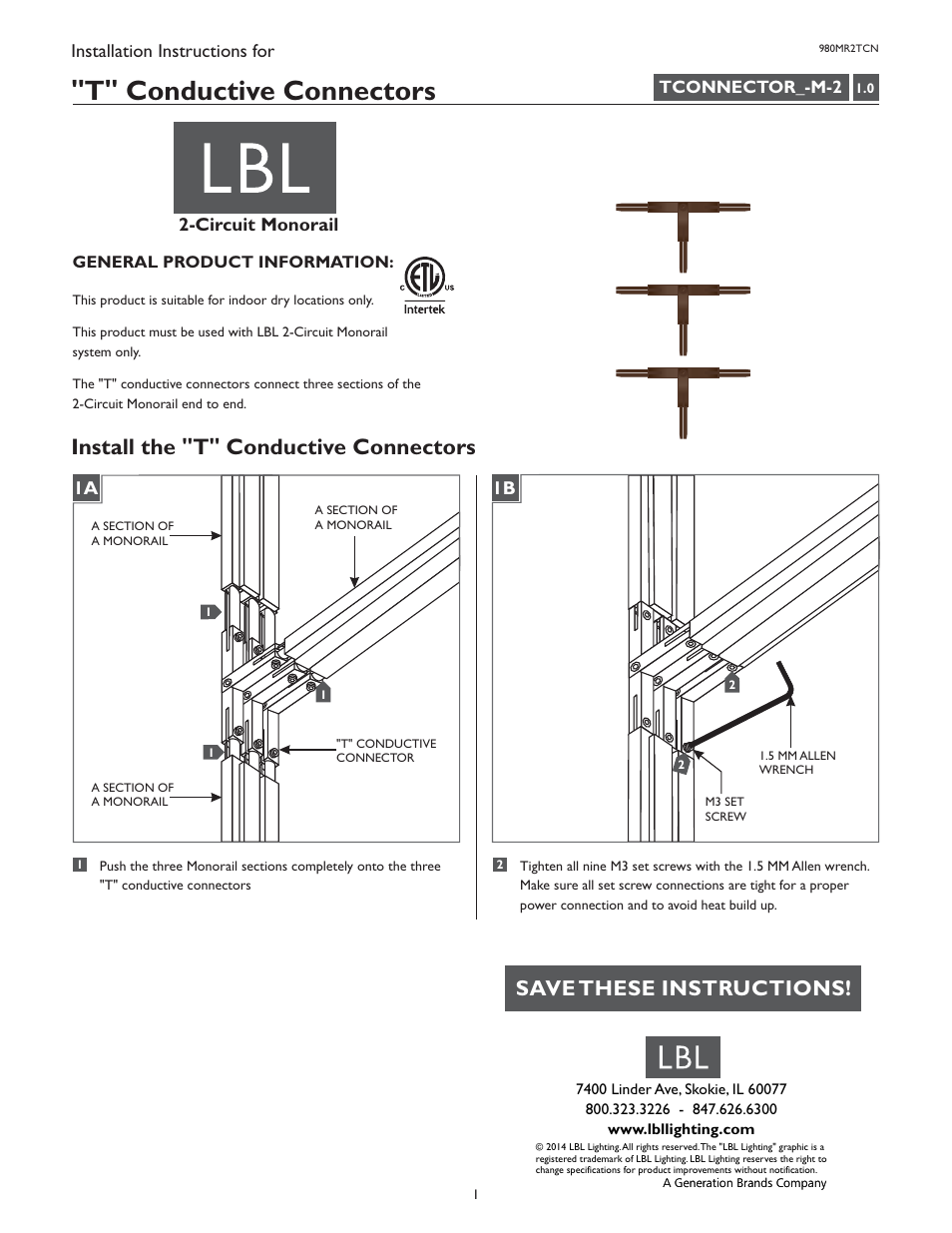 LBL Lighting 2-Circuit MO T Conductive Connectors User Manual | 1 page