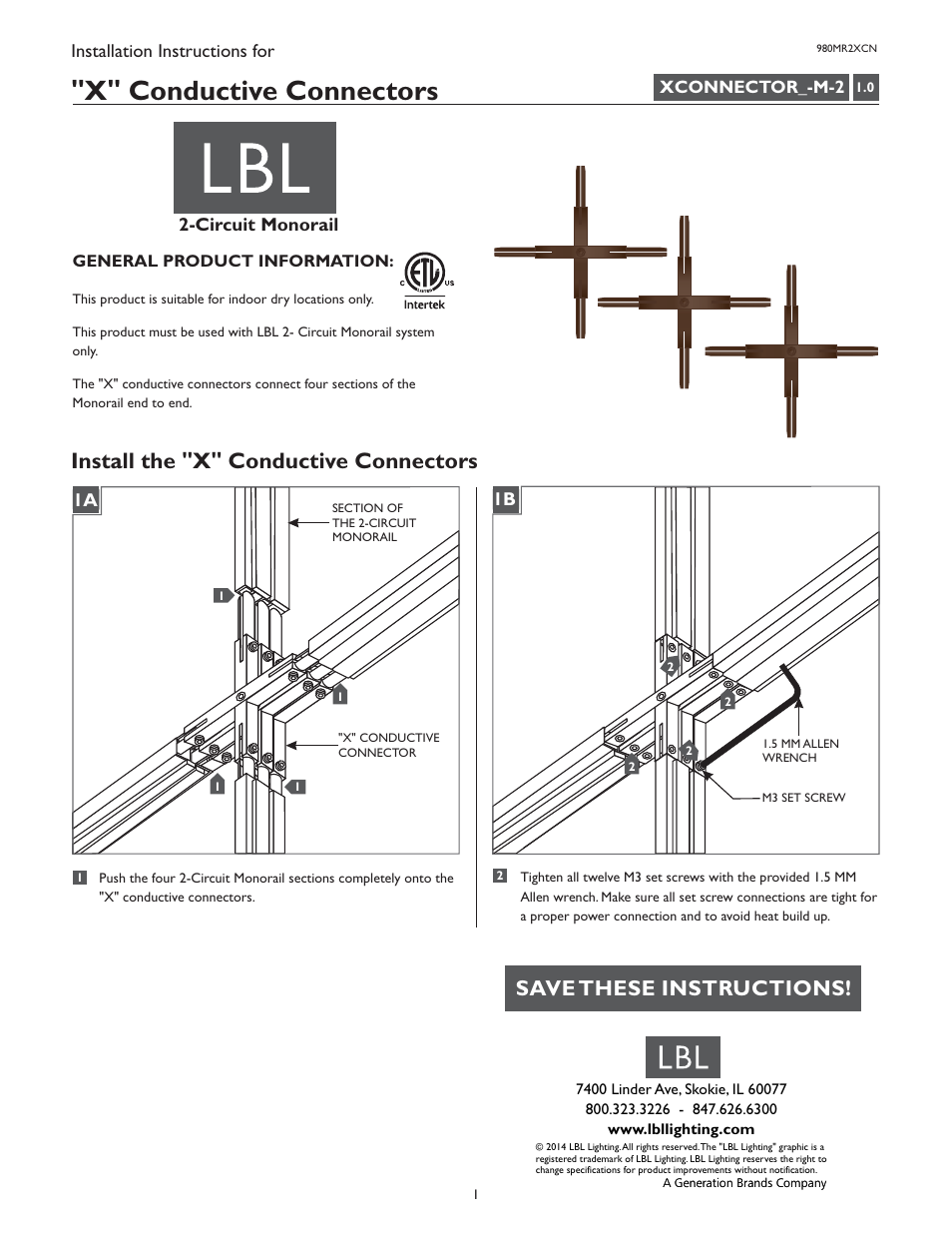 LBL Lighting 2-Circuit MO X Conductive Connectors User Manual | 1 page