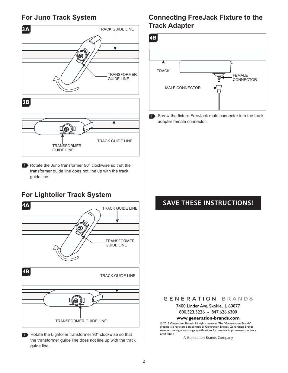 For juno track system, For lightolier track system, Connecting freejack fixture to the track adapter | Save these instructions | LBL Lighting FSJ 12v Track Adapter to fit Lightolier LED User Manual | Page 2 / 2