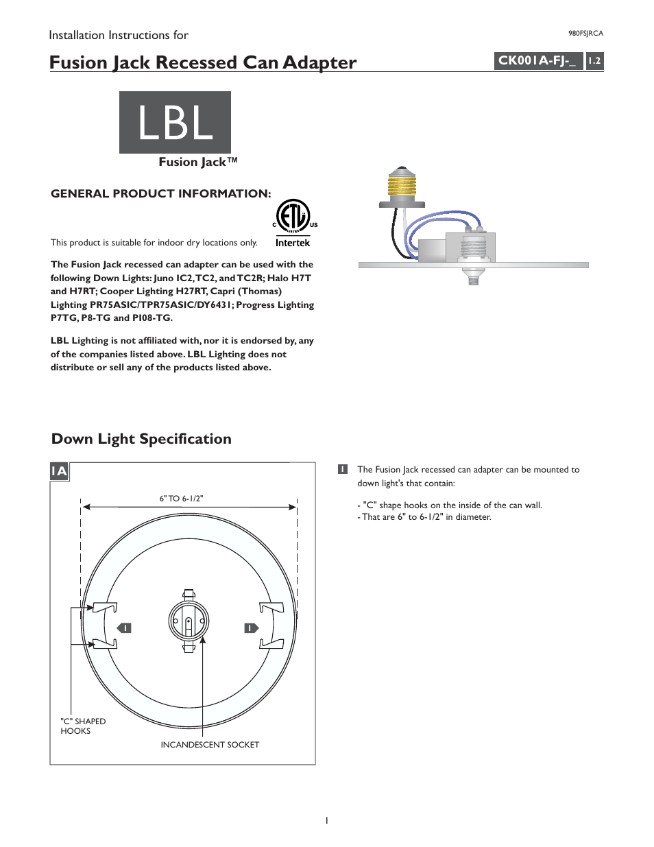 LBL Lighting FSJ Recessed Can Adapter 6" LED User Manual | 4 pages