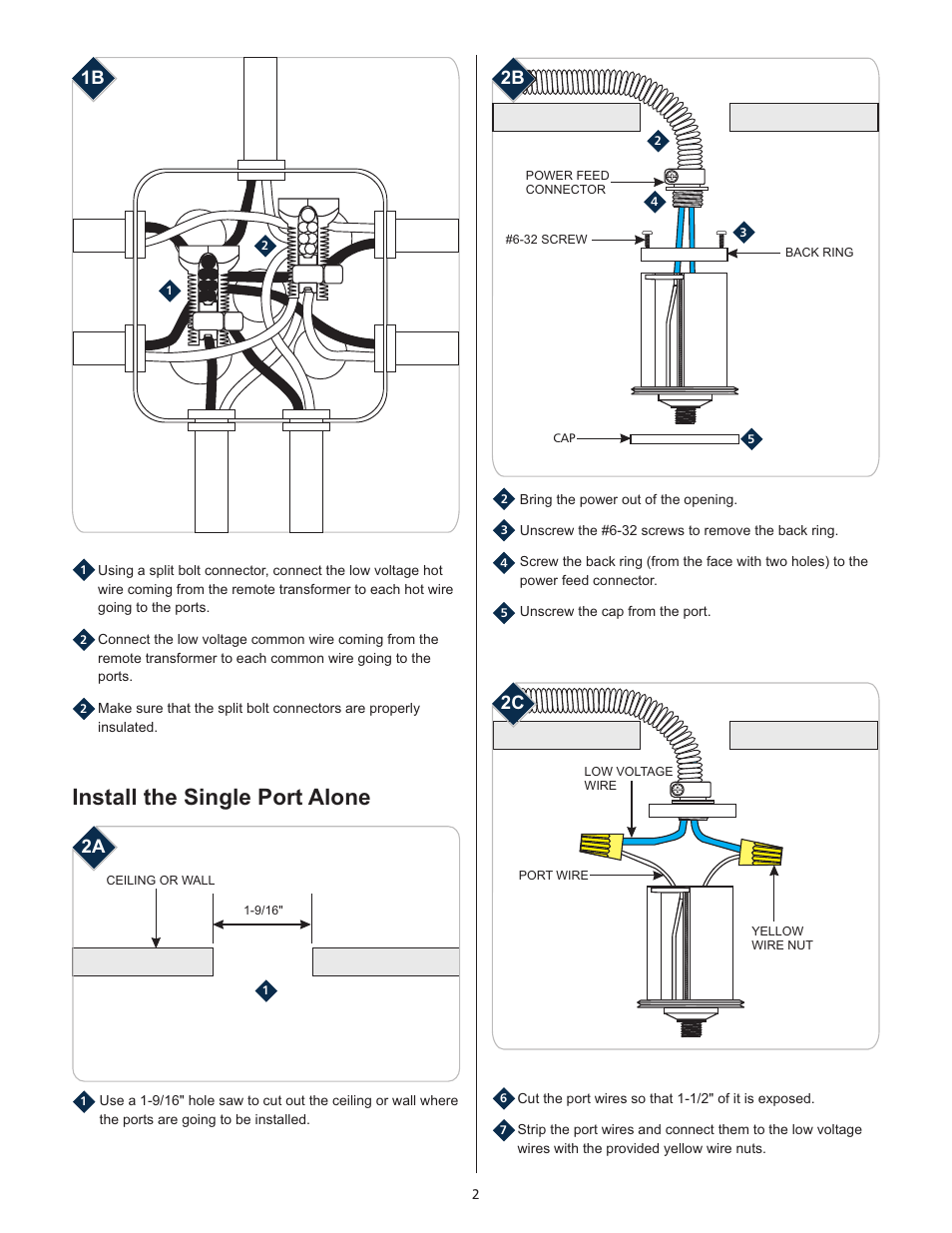 Install the single port alone, 1b 2b, 2a 2c | LBL Lighting Fusion Jack 1.5" Low Profile Canopy User Manual | Page 2 / 4