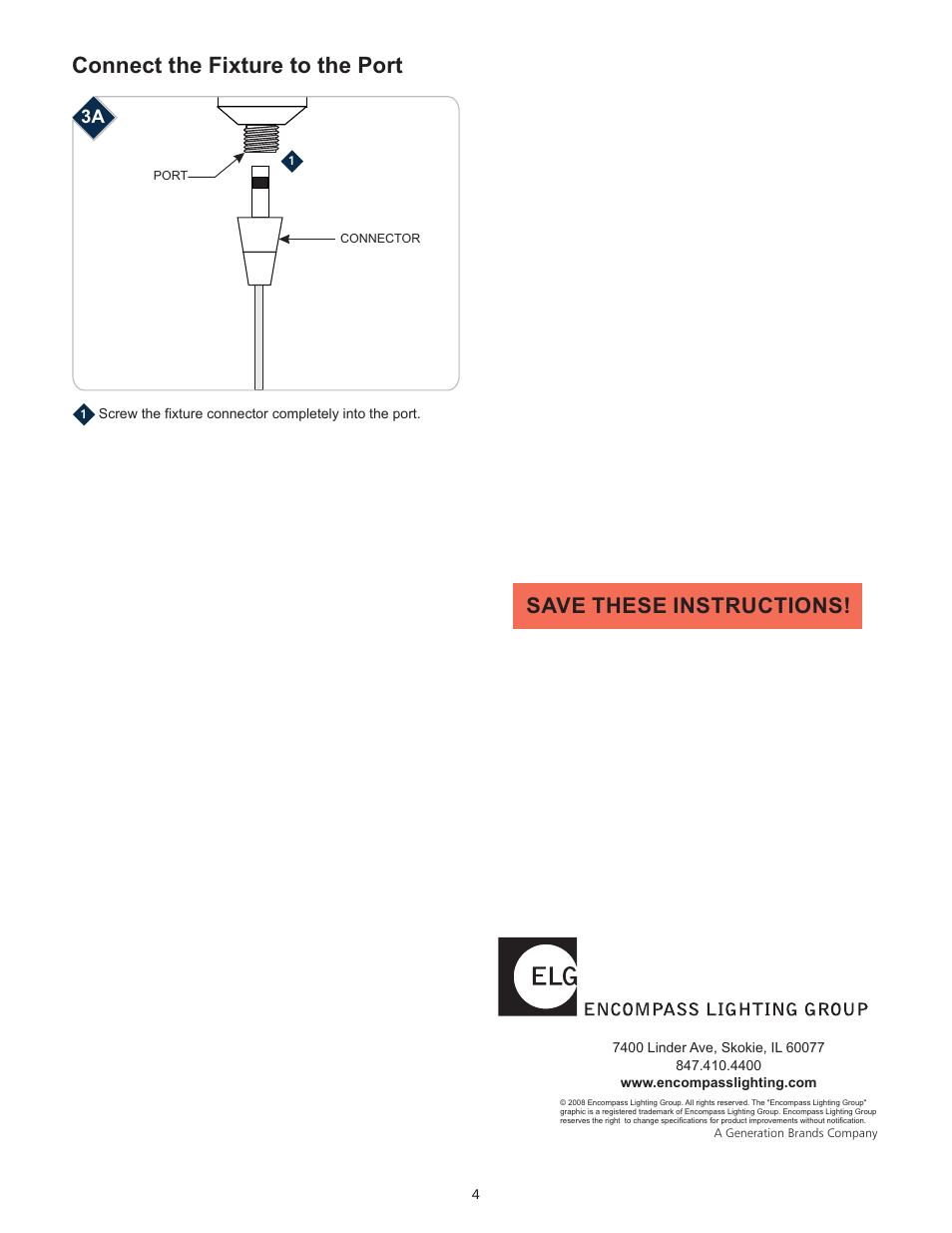 Connect the fixture to the port, Save these instructions | LBL Lighting Fusion Jack 1.5" Low Profile Canopy User Manual | Page 4 / 4