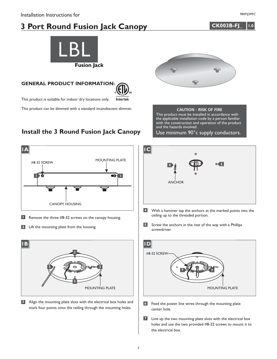 LBL Lighting Fusion Jack Canopy 12.75" 3 Light Round LED User Manual | 2 pages