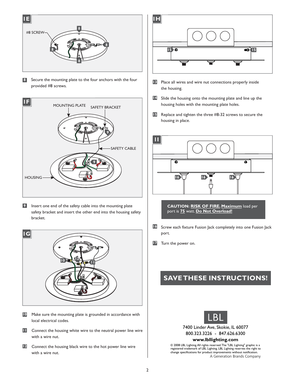 Save these instructions | LBL Lighting Fusion Jack Canopy 12.75" 3 Light Round LED User Manual | Page 2 / 2