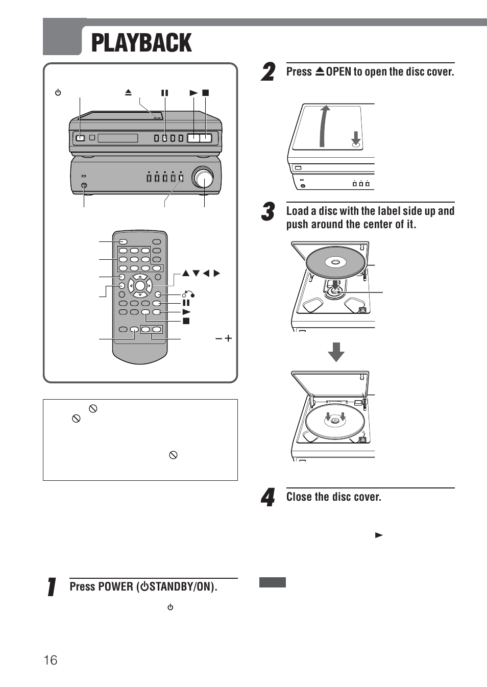 Playback, Press z open to open the disc cover, Close the disc cover | Press power ( 6 standby/on) | Aiwa HT-DV1 User Manual | Page 16 / 54