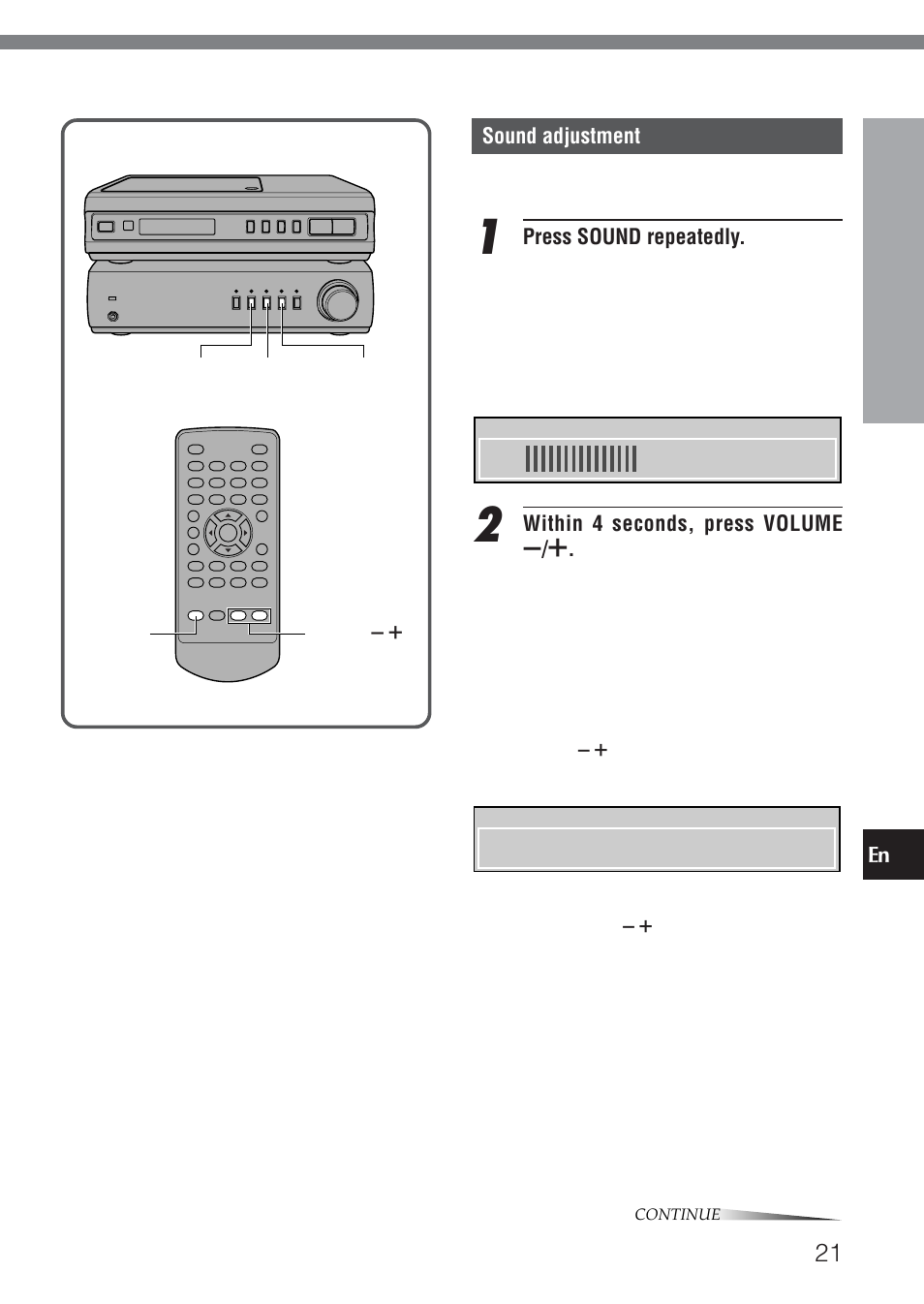 Sound adjustment, Press sound repeatedly, Within 4 seconds, press volume | Aiwa HT-DV1 User Manual | Page 21 / 54