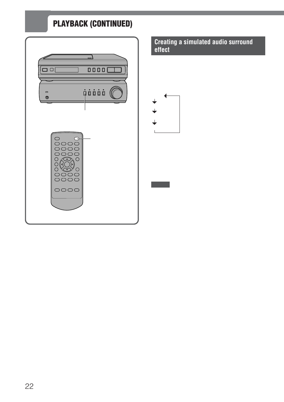 Playback (continued), Creating a simulated audio surround effect | Aiwa HT-DV1 User Manual | Page 22 / 54