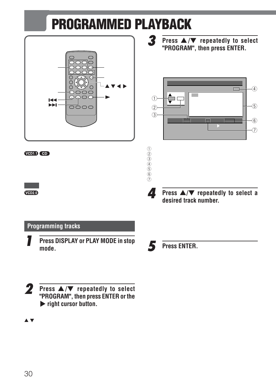 Programmed playback, Press enter, Programming tracks | Press display or play mode in stop mode | Aiwa HT-DV1 User Manual | Page 30 / 54