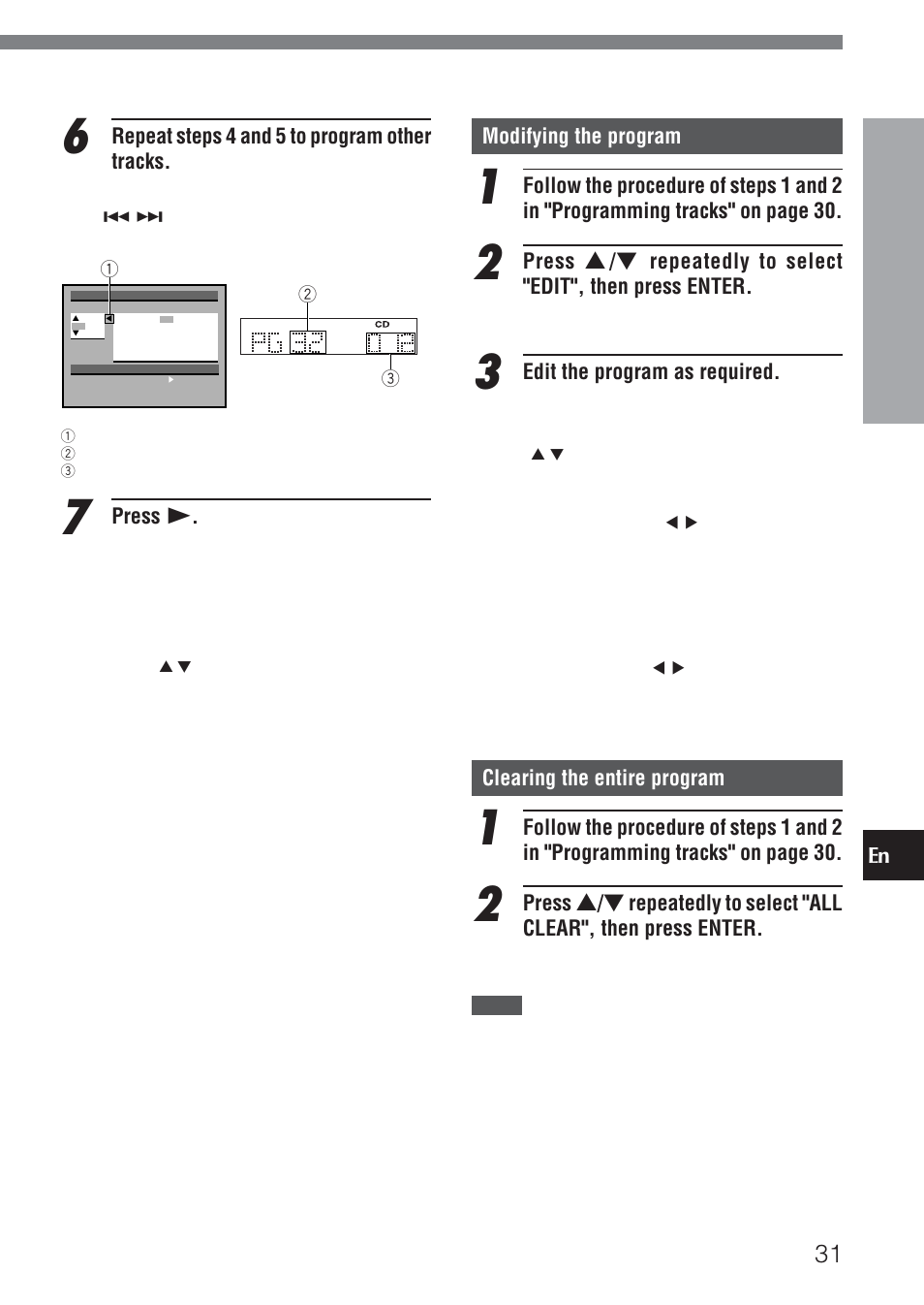 Repeat steps 4 and 5 to program other tracks, Press c, Modifying the program | Edit the program as required, Clearing the entire program | Aiwa HT-DV1 User Manual | Page 31 / 54