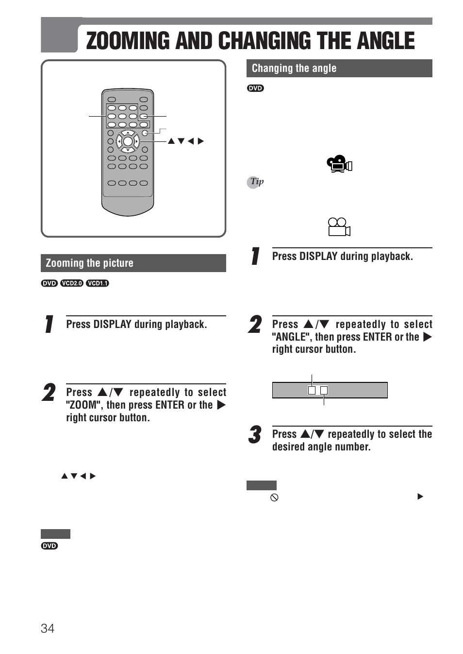 Zooming and changing the angle, Changing the angle, Press display during playback | Zooming the picture | Aiwa HT-DV1 User Manual | Page 34 / 54