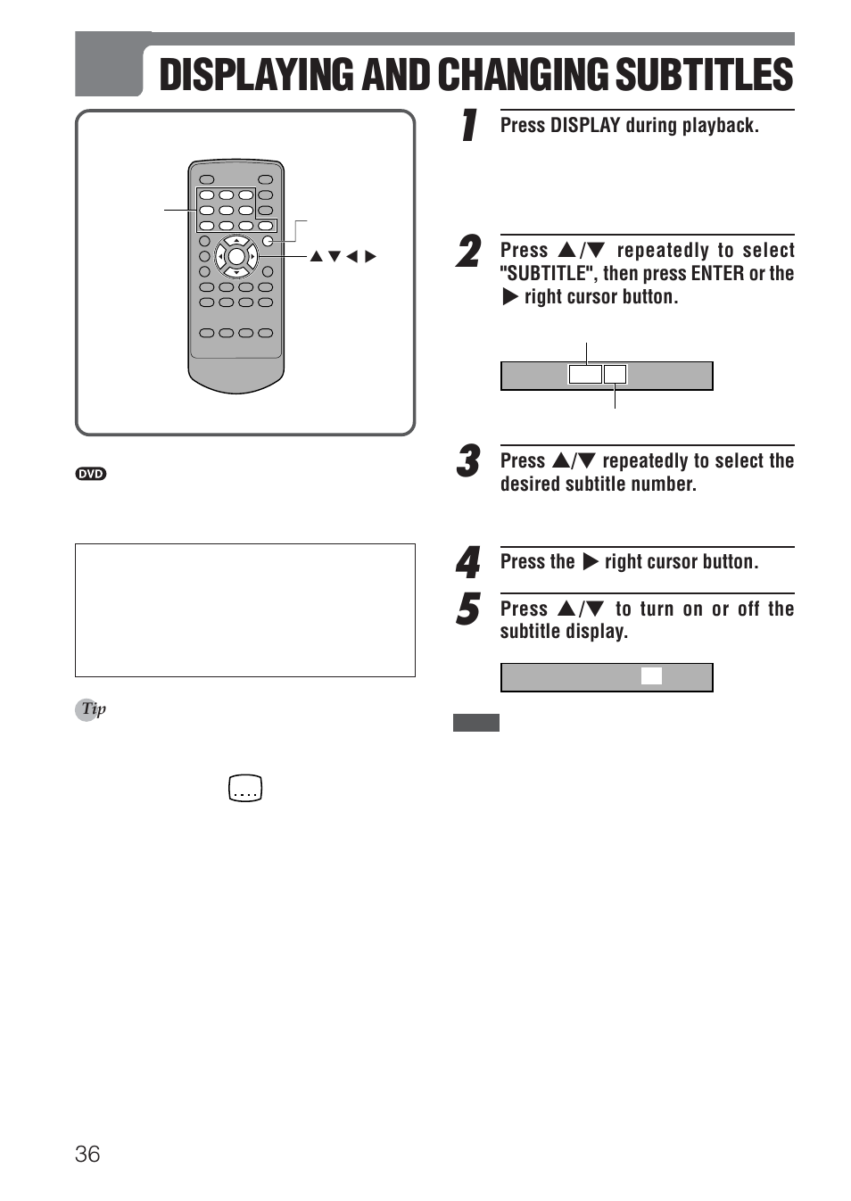 Displaying and changing subtitles | Aiwa HT-DV1 User Manual | Page 36 / 54