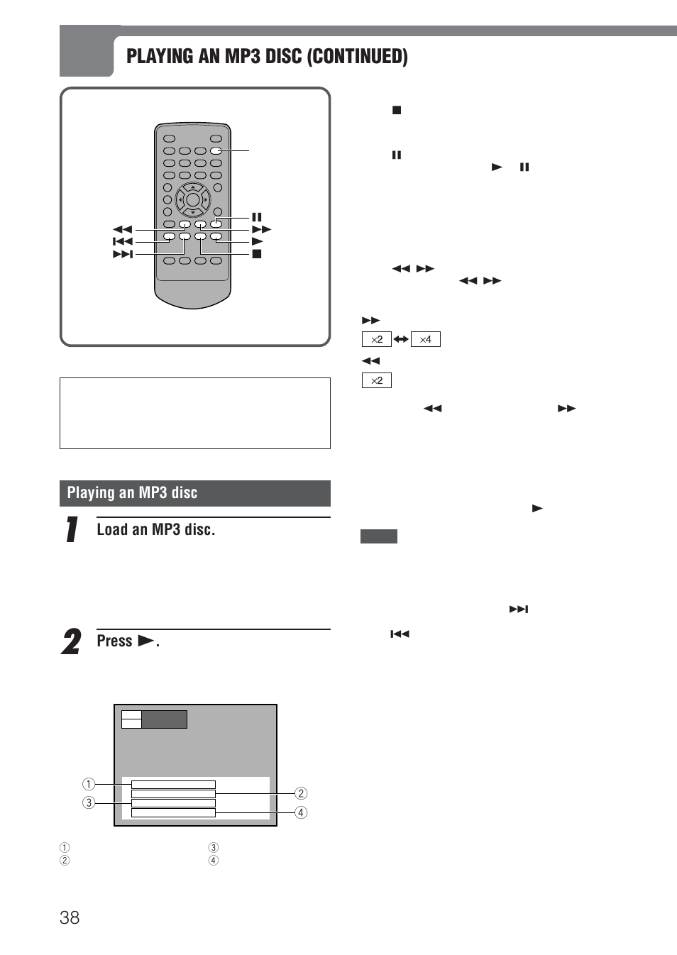 Playing an mp3 disc (continued), Playing an mp3 disc, Load an mp3 disc | Press c | Aiwa HT-DV1 User Manual | Page 38 / 54