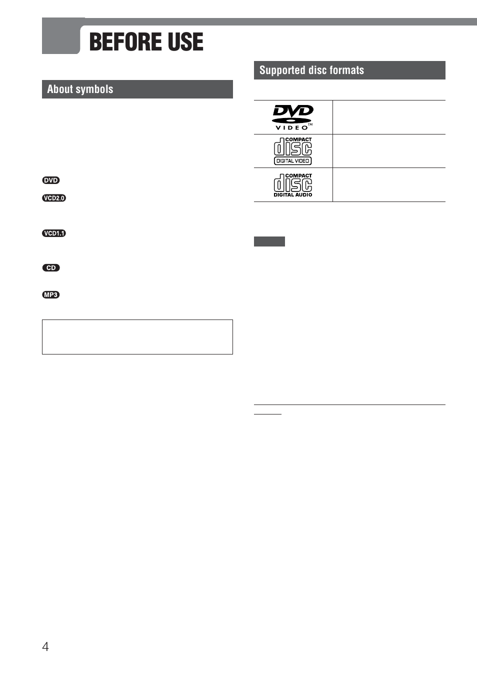 Before use, About symbols, Supported disc formats | Aiwa HT-DV1 User Manual | Page 4 / 54