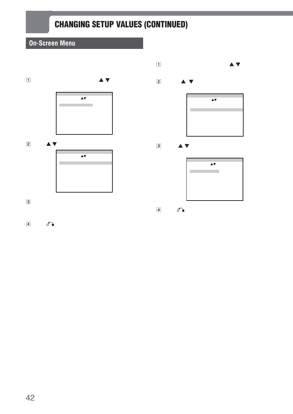 Changing setup values (continued), On-screen menu, Guide message | Menu language | Aiwa HT-DV1 User Manual | Page 42 / 54