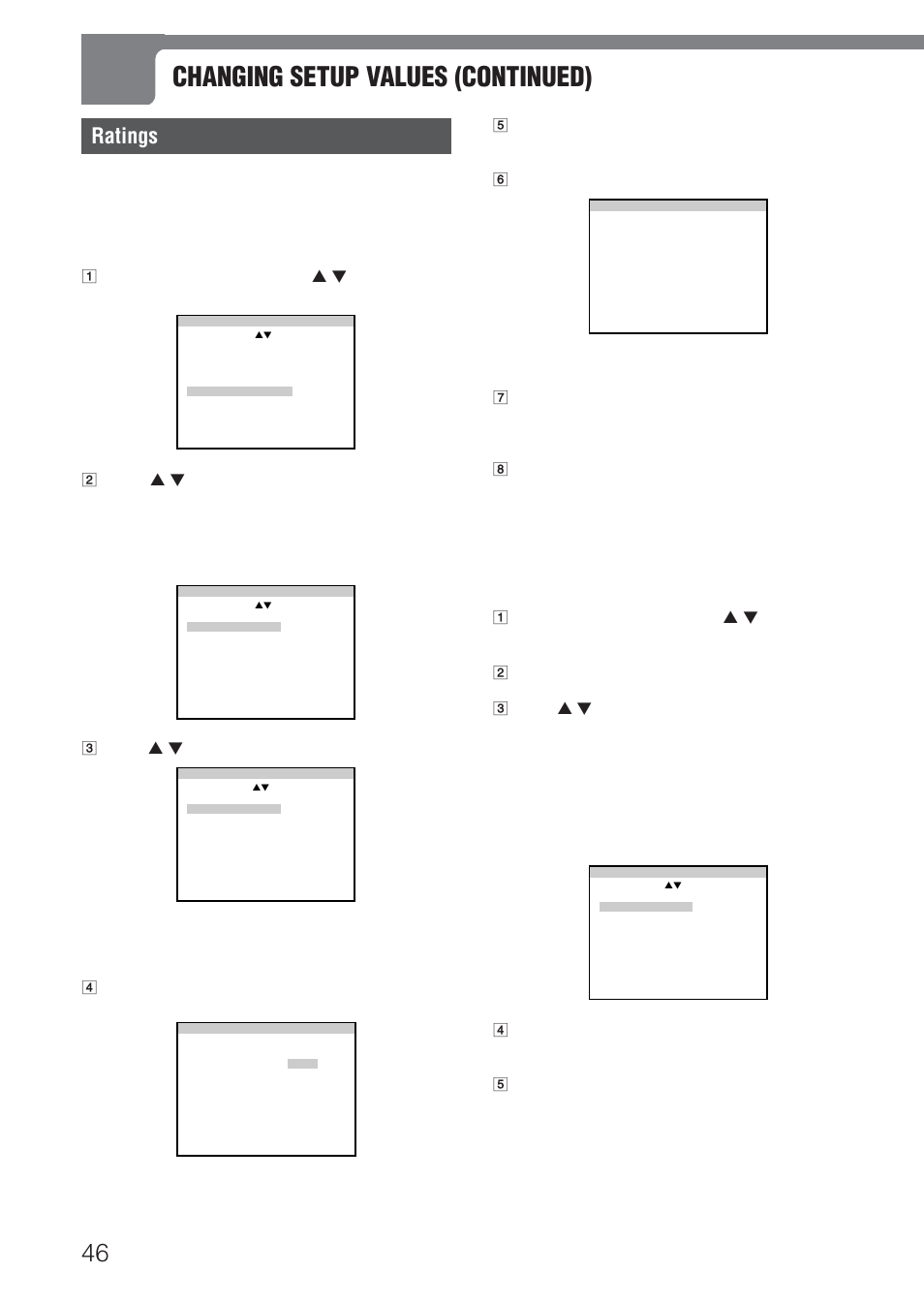 Changing setup values (continued), Ratings | Aiwa HT-DV1 User Manual | Page 46 / 54