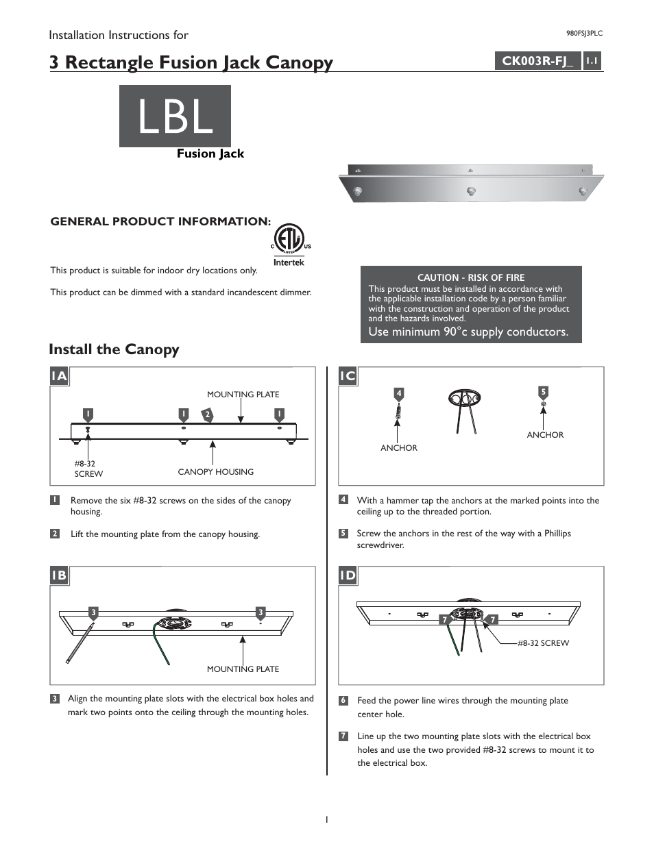 LBL Lighting Fusion Jack Canopy 3 Light Rectangle LED User Manual | 2 pages