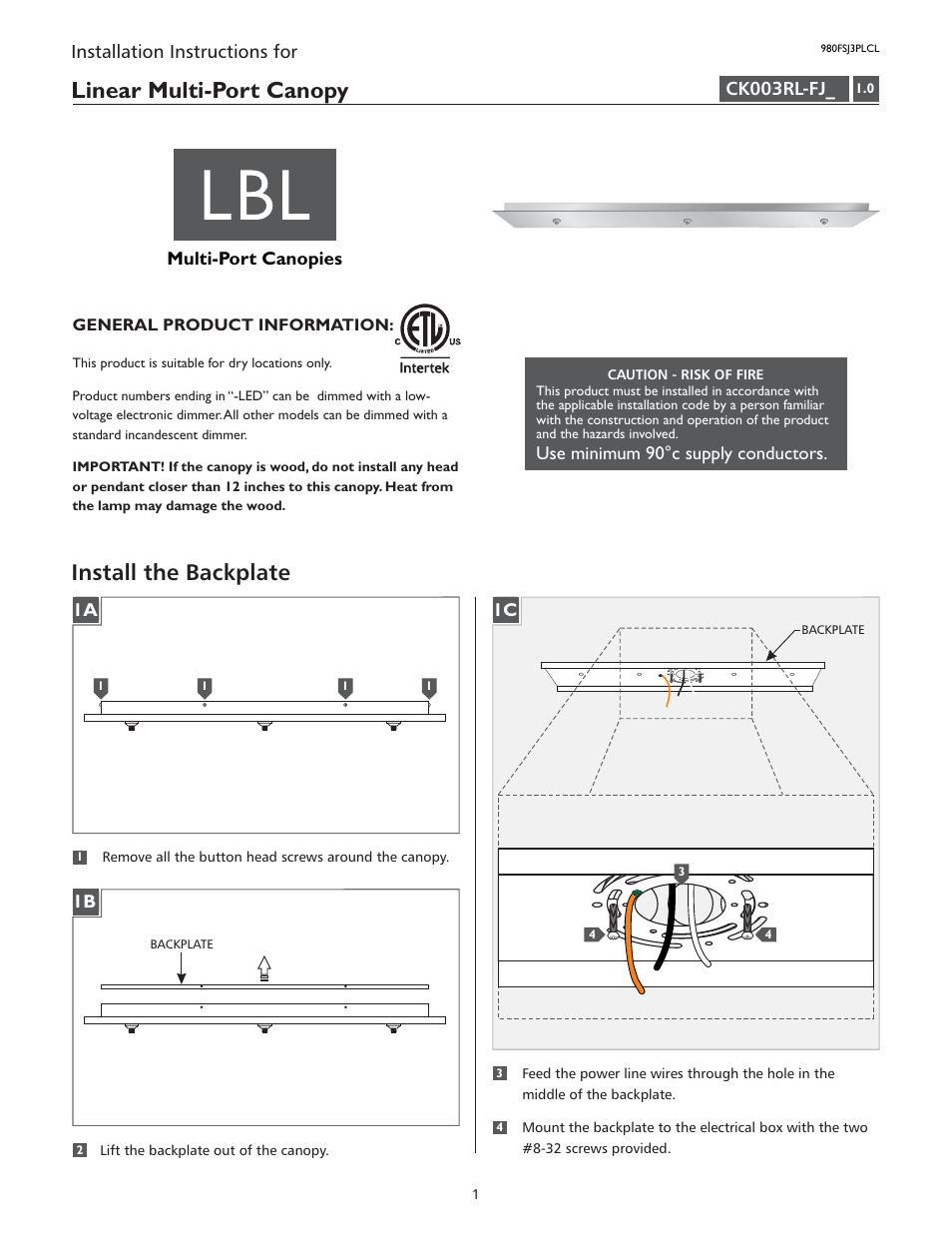LBL Lighting Fusion Jack Canopy 3 Light Rectangle Long LED User Manual | 4 pages