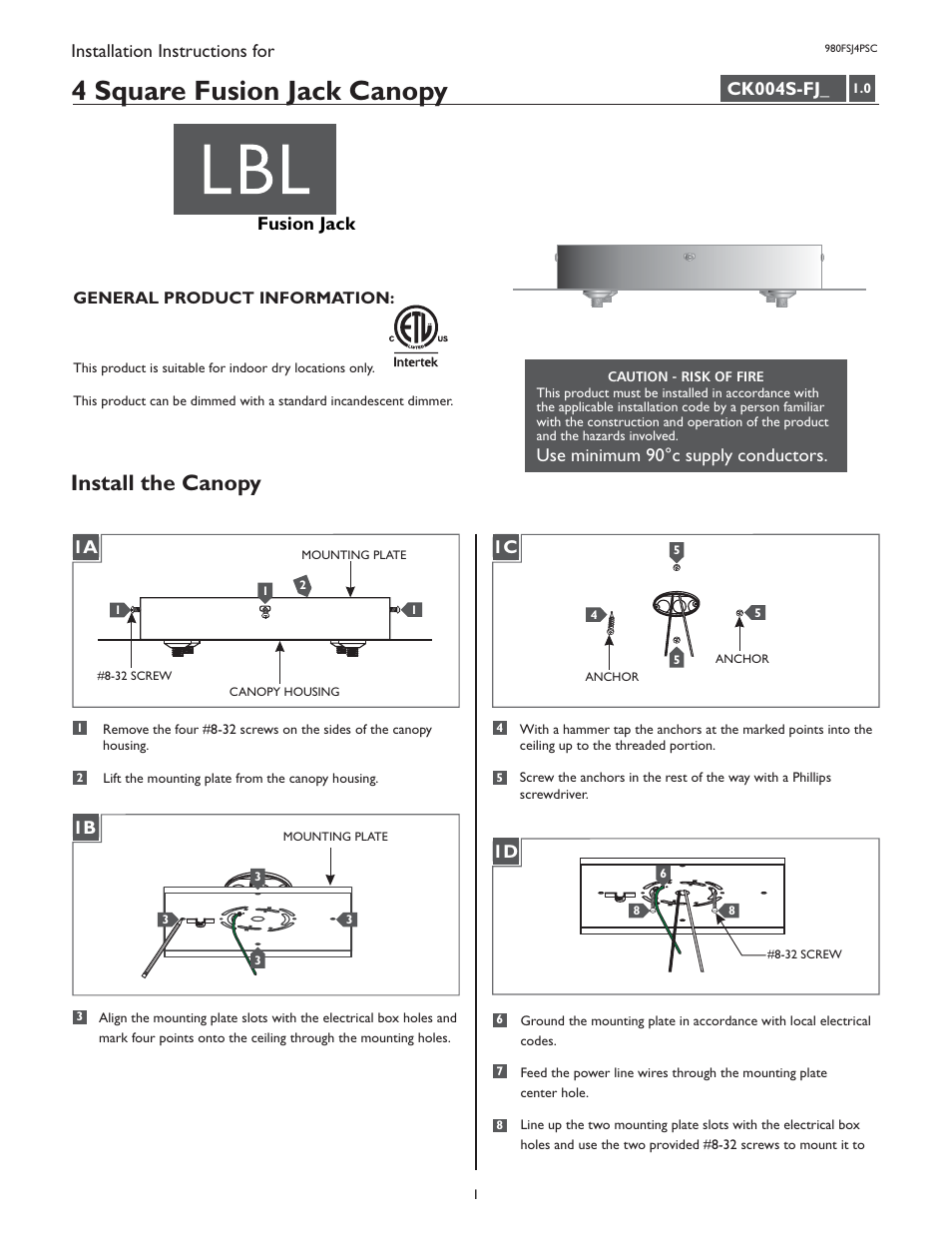 LBL Lighting Fusion Jack Canopy 4" Square Flush Wood LED User Manual | 2 pages