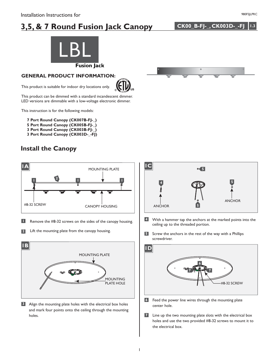 LBL Lighting Fusion Jack Canopy 5 Light Round LED User Manual | 4 pages